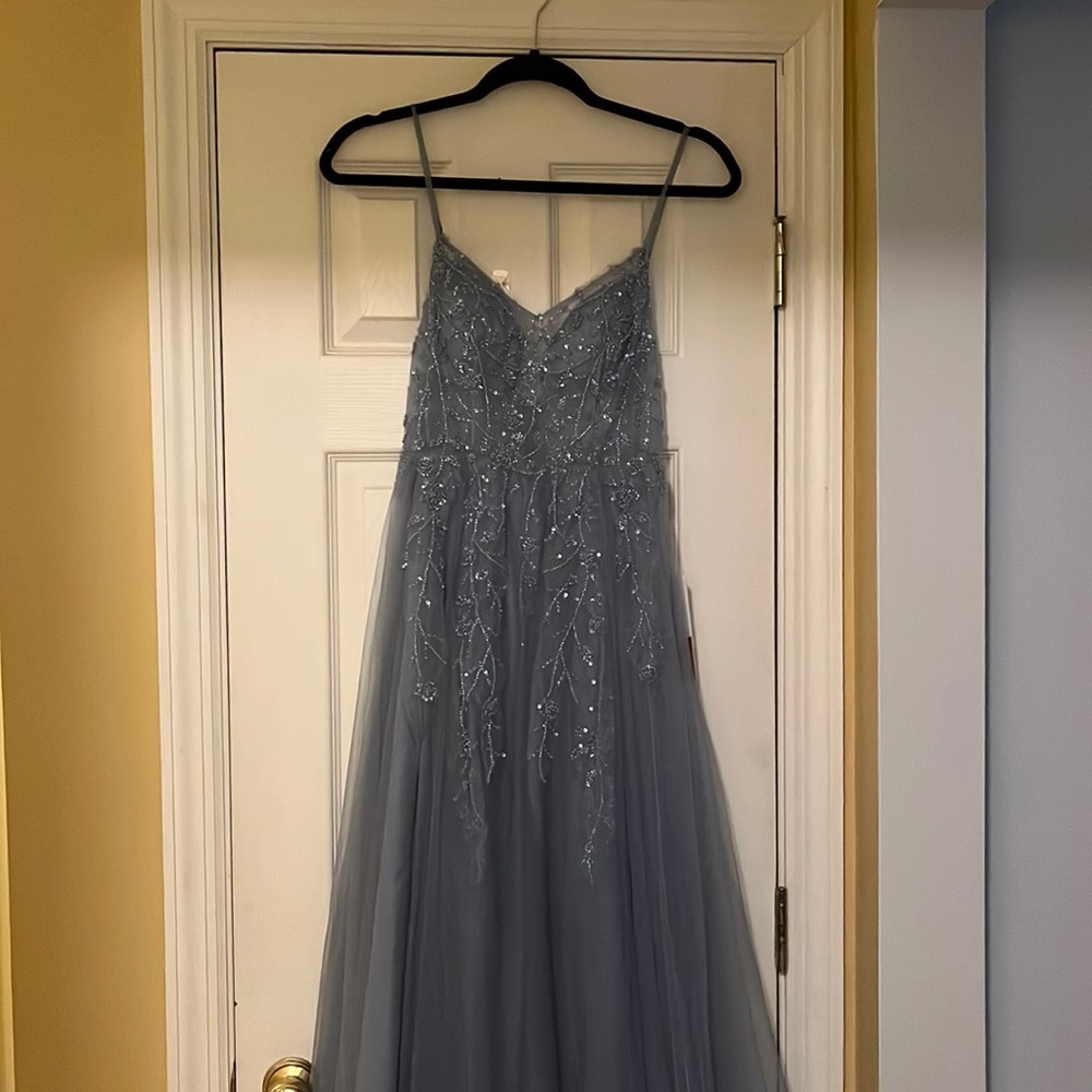 Stacees blue prom dress